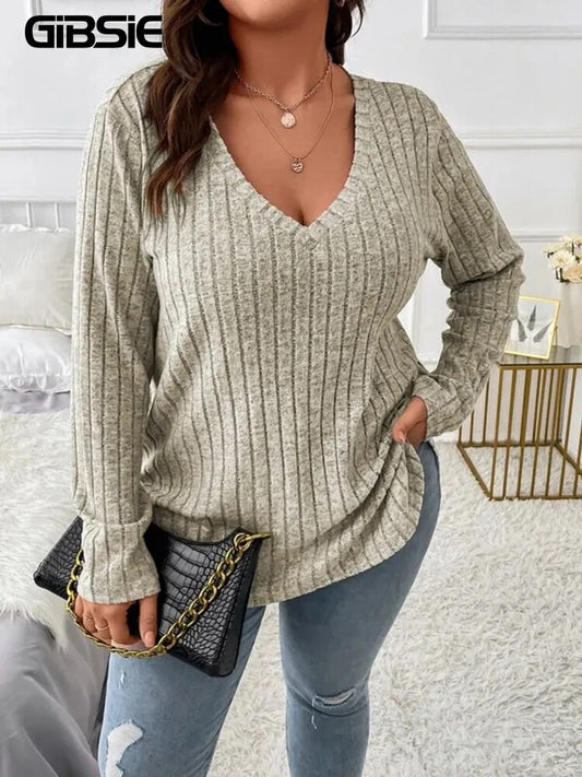 GIBSIE Plus Size Women's Casual V-Neck Long Sleeve Tees Shirt 2023 Spring Autum