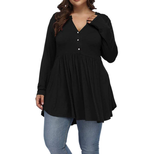 V Neck Buttoned Plus Size TShirt For Curvy Women Spring Autumn Full Sleeve Casu