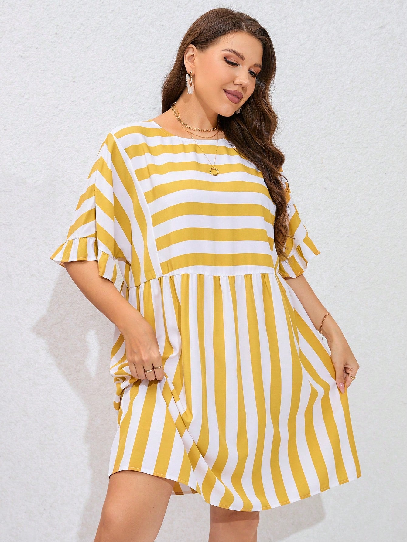 Plus Striped Print Flounce Sleeve Smock Dress