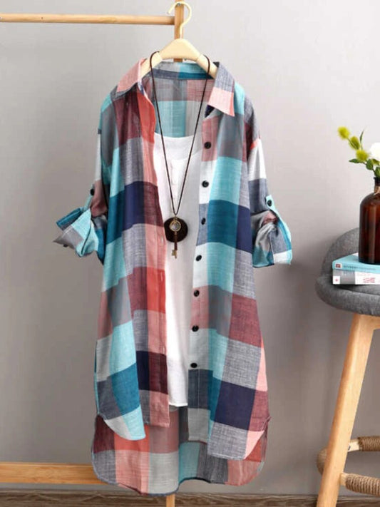 Plus Size Loose Plaid Blouse Women Cotton Shirt Female Mid Length Autumn Long S