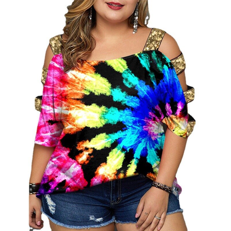 Plus Size Tshirt Women Tunic Peplum Top For Women Cut Out Sleeve Multicolor Tie