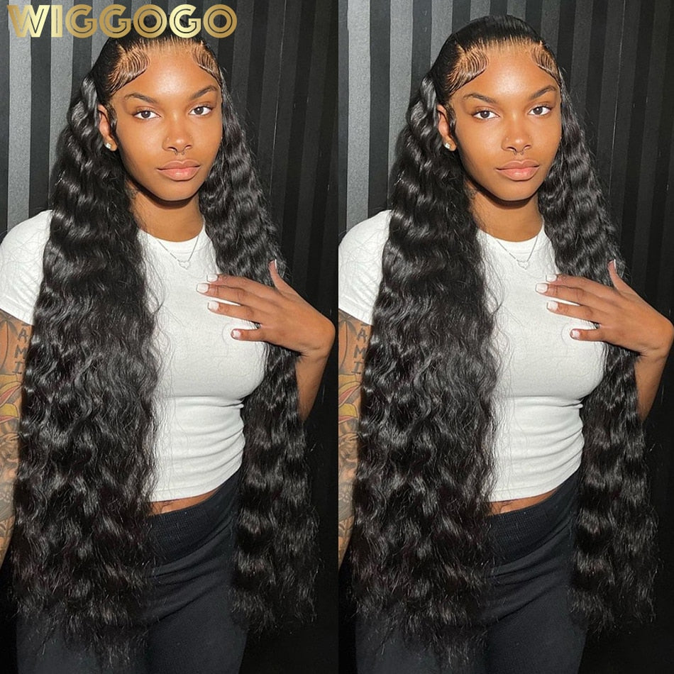 Wiggogo 40 Inch Human Hair 13X4 Deep Wave Frontal Wig 13X6 Curly Hd Lace Front