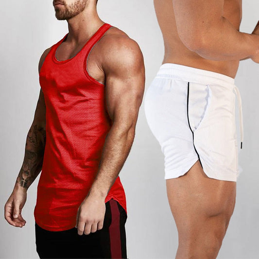 2pcs Sets Tank Top+Shorts Men Summer Joggers Suits Bodybuilding Fitness Men Tracksuits Gym Clothing Streetwear Mesh Sweatpant