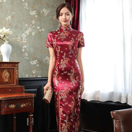 Elegant New Brocade Satin Long Fork Cheongsam Chinese Classic Women's Qipao Sho image 0