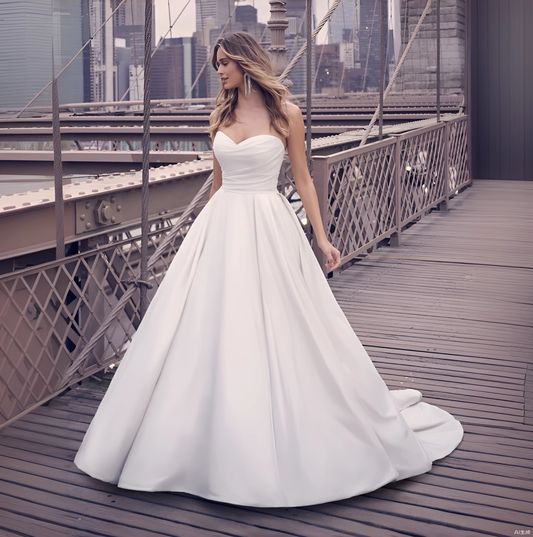 Stylish simple satin wedding dress Classic Ball gown White Wedding dress strapl image 0