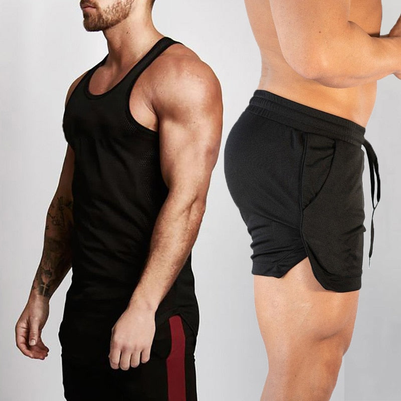 2pcs Sets Tank Top+Shorts Men Summer Joggers Suits Bodybuilding Fitness Men Tracksuits Gym Clothing Streetwear Mesh Sweatpant