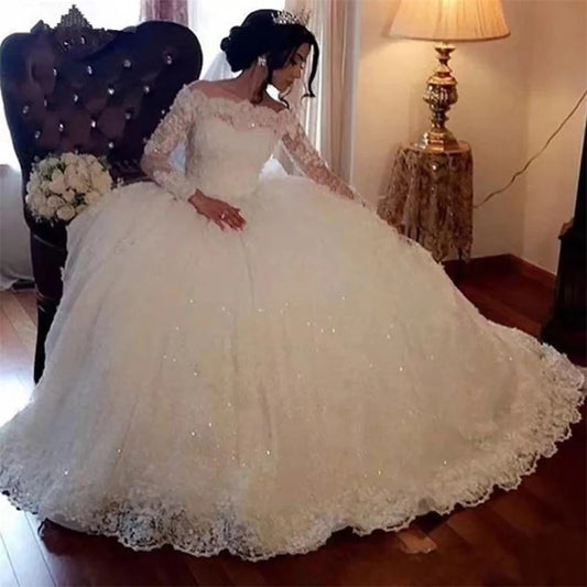 White Ball Gown Long Sleeves Wedding Dress Lace Sequin Appliques 2023 Plus Size image 0