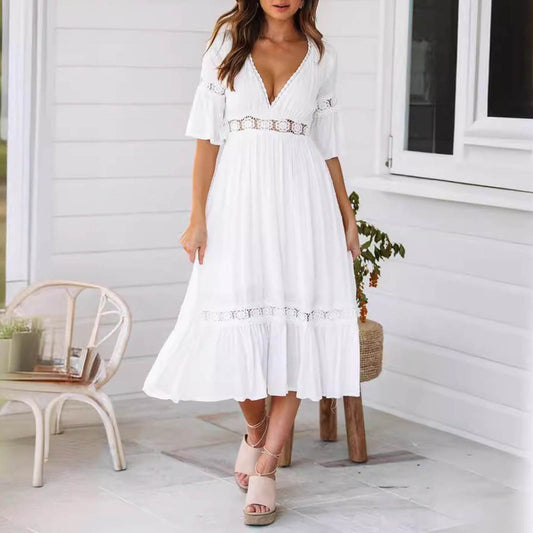 Sexy Deep V Lace White Dress Women Fashion Wedding Party Elegant Dress Summer B image 0