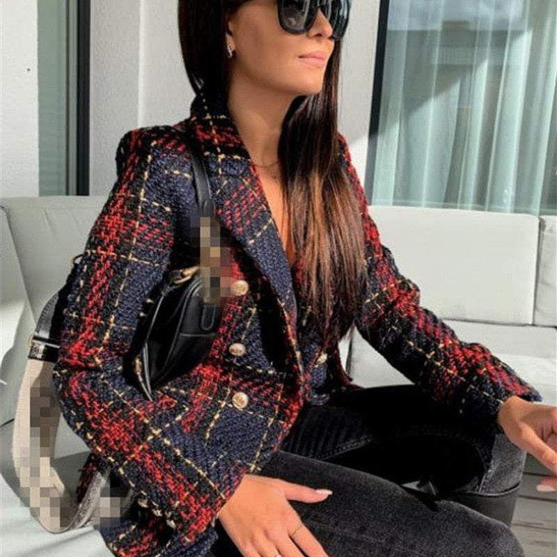 Vintage Red Plaid Blazers Women Double Breasted Autumn Tweed Suits Coats Lapel image 3