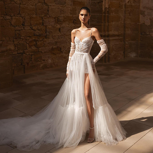 Eightree White A-Line Wedding Dresses Spaghetti Straps Appliques Wedding Gowns  image 0