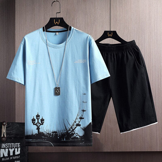 Men's Summer Tracksuit Fashion Short Sleeve Sportswear Ink Print T Shirts+Shorts 2 PC Sets Men Casual Sports Suits Male Clothing