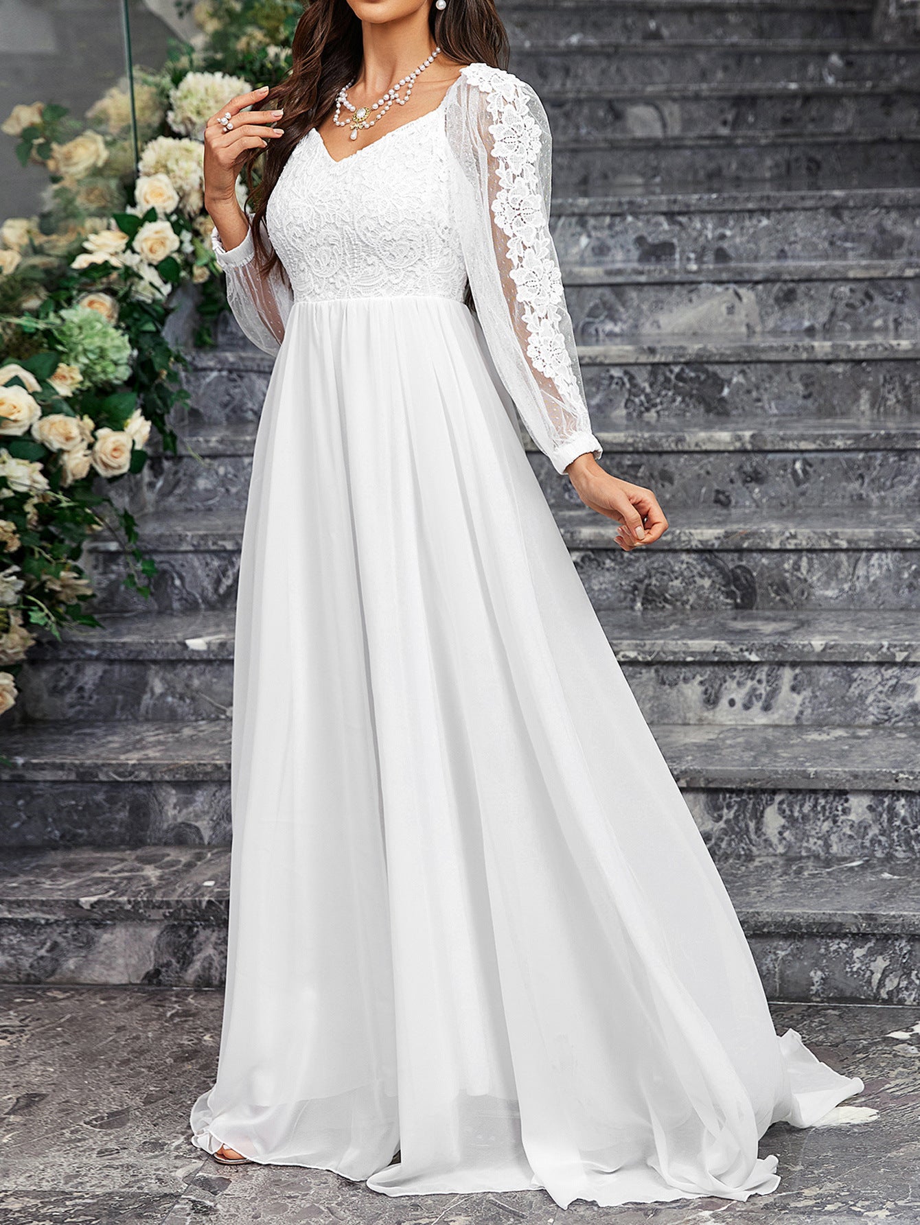 Women'S Wedding Dresses Boho Long Sleeves Romantic White V-Neck Long Sleeve Lac image 3