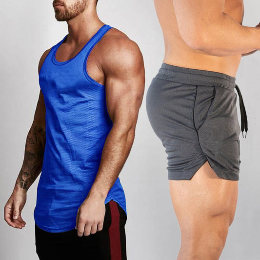 2pcs Sets Tank Top+Shorts Men Summer Joggers Suits Bodybuilding Fitness Men Tracksuits Gym Clothing Streetwear Mesh Sweatpant