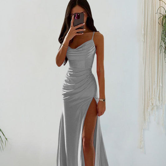 Satin Gown Low-cut Dress Elegant V Neck Satin Evening Gown with High Split Slim