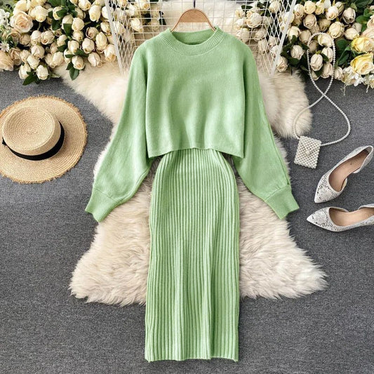 Women Sweater Midi Dress Set Casual Pullovers Suits Autumn Winter O-neck Long S