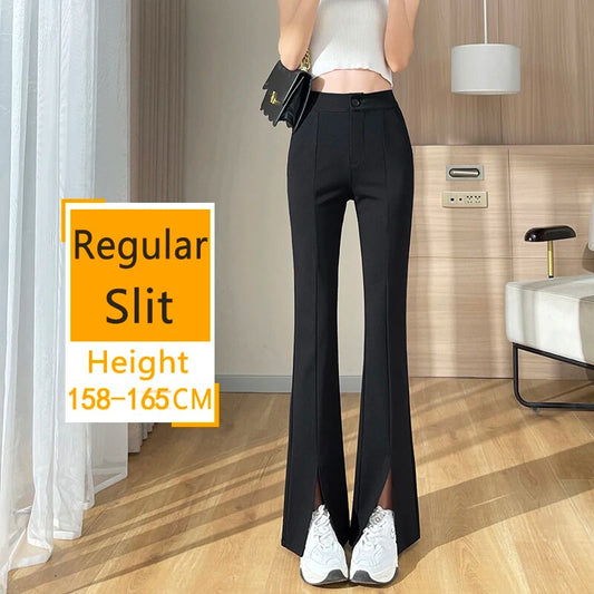 Plus Size Slit Front Black Flare Pants for Women Korean Style Casual Office Lad