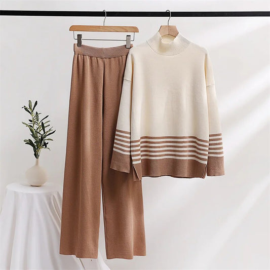 Knitted Two Piece Women Sets Winter Women Knit Suit Striped Turtleneck Sweater