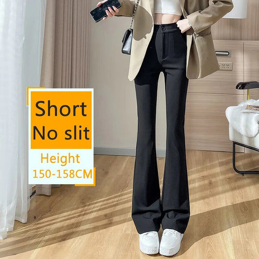 Plus Size Slit Front Black Flare Pants for Women Korean Style Casual Office Lad