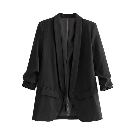 TRAF Women Fashion Office Wear Open Blazer Coat Vintage Long Pleated Sleeves Fl