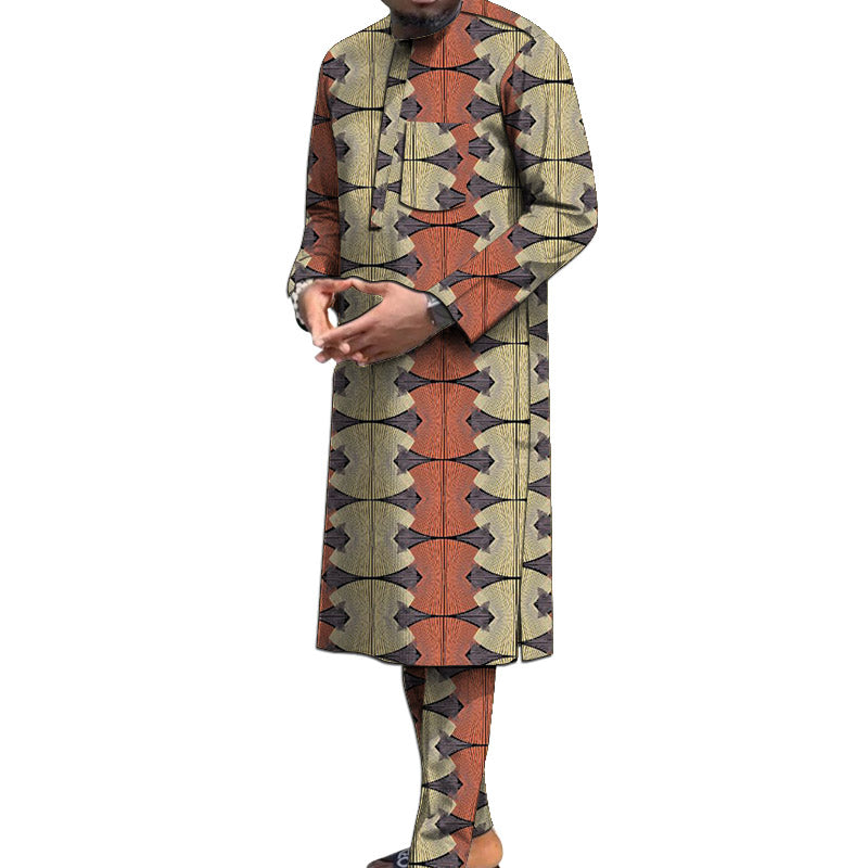 Nigerian Polyester Print Men's Set Long Sleeve Shirt+Pant African Traditional M