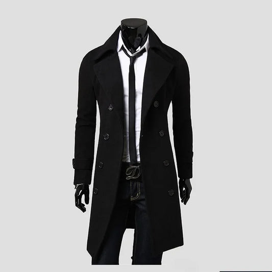 Mens Double Breasted Trench Coat Wool Blend 2024 Autumn Winter Solid Casual Sli