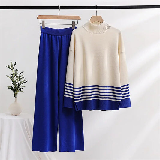 Knitted Two Piece Women Sets Winter Women Knit Suit Striped Turtleneck Sweater