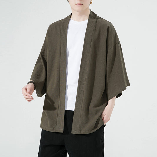 Men's Japanese Kimono Cardigan Loose Cotton Linen 3/4 Sleeve Open Front Casual