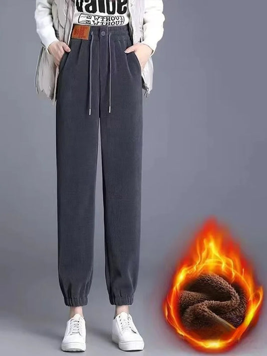 Women Thicken Lambwool Corduroy Pants Outdoor Warm Fleece Lined Jogging Harem P