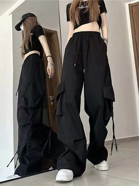 Women Hip Hop Cargo Pants High Waist Wide Leg Y2K Korean Streetwear Trouser Fem