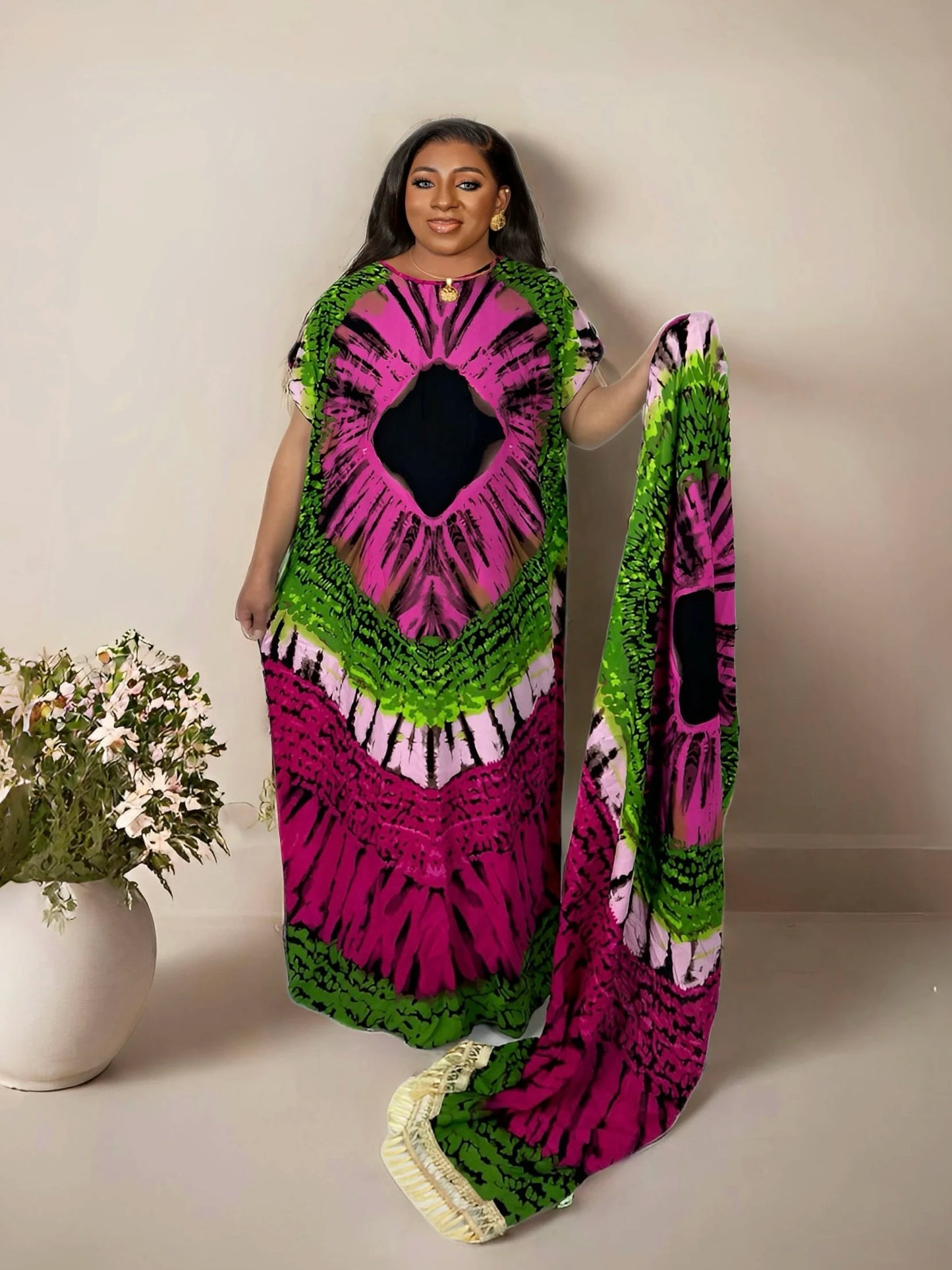 Plus Size Floral Pattern Maxi Kaftan Dress, Elegant Crew Neck Batwing Sleeve Dr