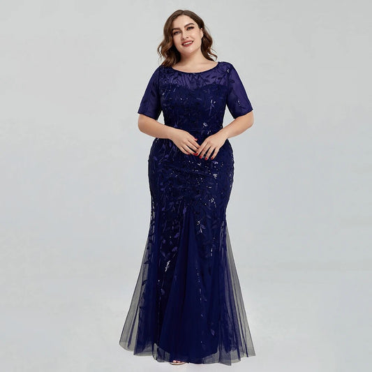 Women Plus Size Sequin Mesh Embroidery Mermaid Evening Dress Formal Short Slee