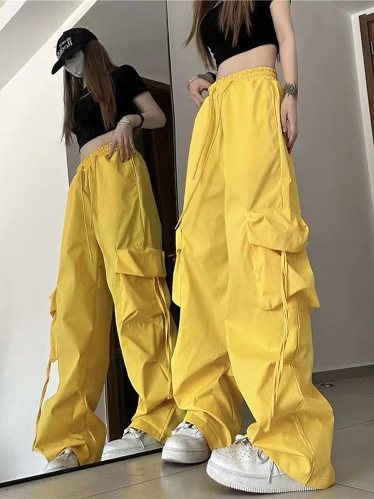 Women Hip Hop Cargo Pants High Waist Wide Leg Y2K Korean Streetwear Trouser Fem