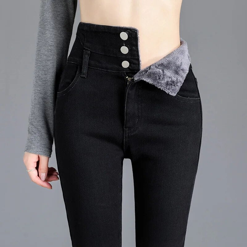 Thermal Winter Thick Fleece High-waist Warm Skinny Jeans Thick Women Stretch Bu