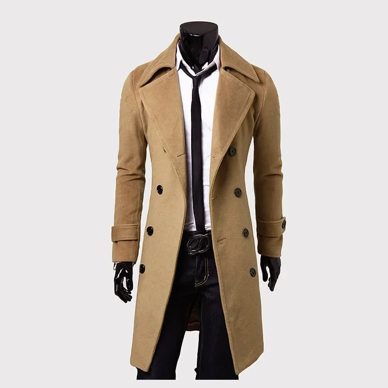 Mens Double Breasted Trench Coat Wool Blend 2024 Autumn Winter Solid Casual Sli