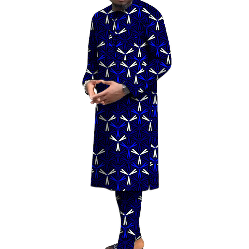 Nigerian Polyester Print Men's Set Long Sleeve Shirt+Pant African Traditional M