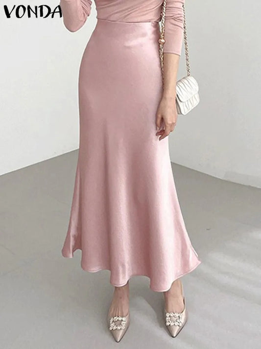 VONDA Elegant Maxi Skirts 2023 Summer Pleated Loose Streetwear Satin Long Skirt