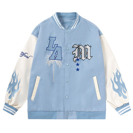 Letter Embroidery Men's Baseball Jacket Y2k Flame Leather Varsity Jacket Windbr