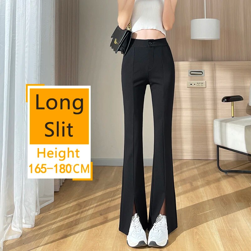 Plus Size Slit Front Black Flare Pants for Women Korean Style Casual Office Lad