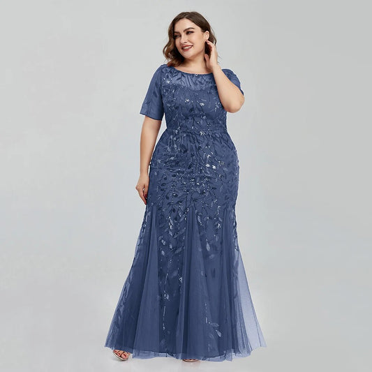 Women Plus Size Sequin Mesh Embroidery Mermaid Evening Dress Formal Short Slee