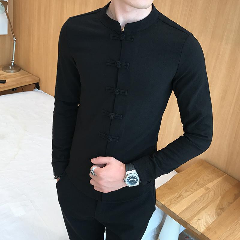 2024 Spring New Men Shirt Chinese Style Clothing Slim Fit Long Sleeves Shirt Ca