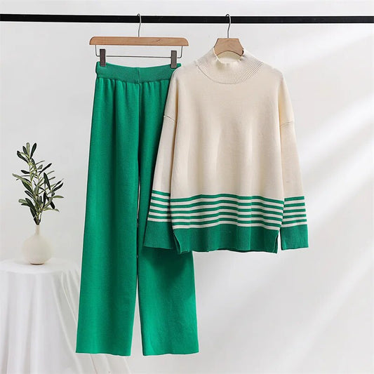 Knitted Two Piece Women Sets Winter Women Knit Suit Striped Turtleneck Sweater