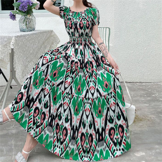 Women's Bohemian Style Beach Maxi Long Dress Floral Cotton Off Shoulder Round N