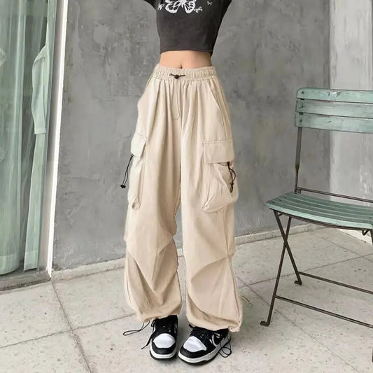 Women Casual Baggy Cargo Pants Solid Low Waist Joggers Tech Pants Drawstring Wi