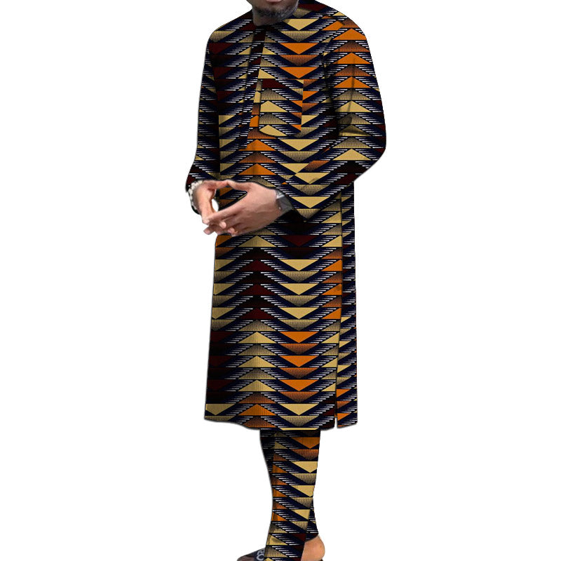 Nigerian Polyester Print Men's Set Long Sleeve Shirt+Pant African Traditional M