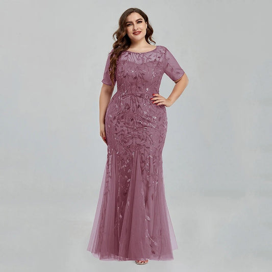 Women Plus Size Sequin Mesh Embroidery Mermaid Evening Dress Formal Short Slee