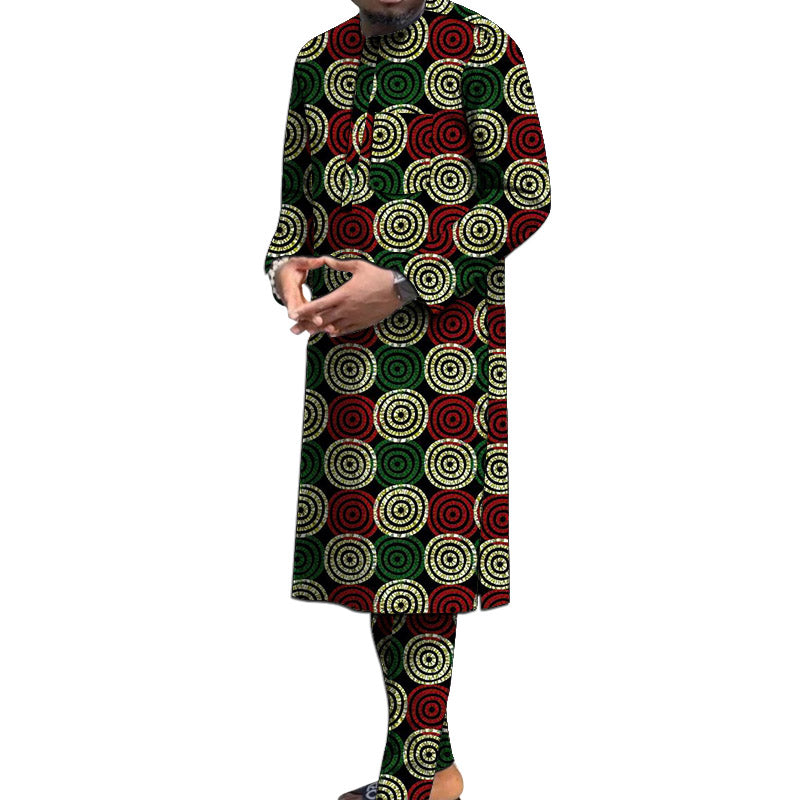 Nigerian Polyester Print Men's Set Long Sleeve Shirt+Pant African Traditional M