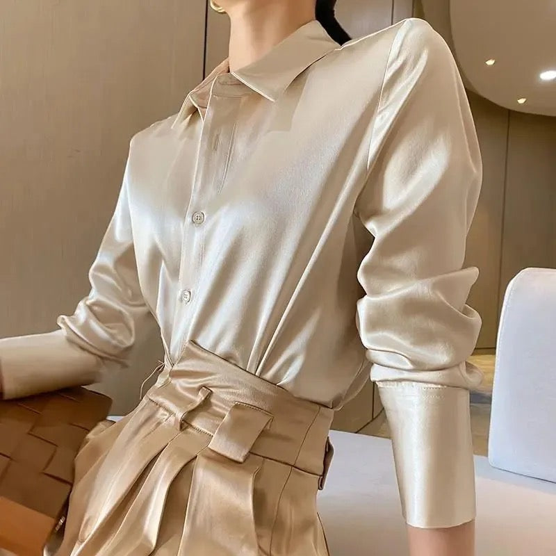 2024 Summer Trend Fashion Women's Casual Elegant Satin Long Sleeved Shirt Offic