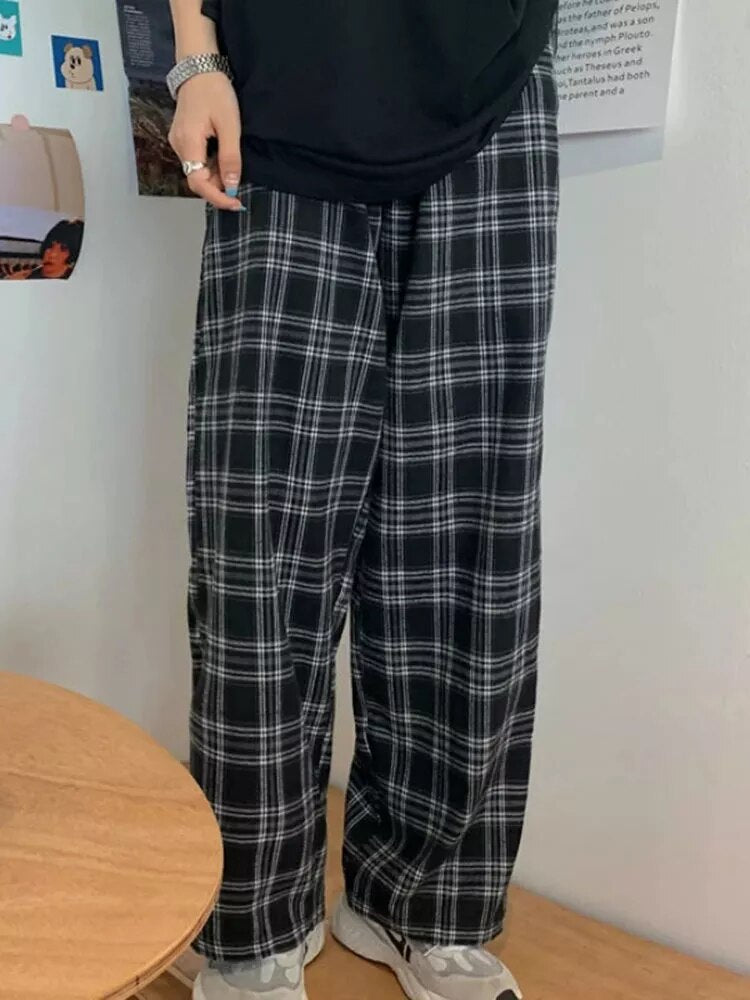 JMPRS Black Women Plaid Pants Casual Oversize Loose Wide Leg Trouser Retro Teen