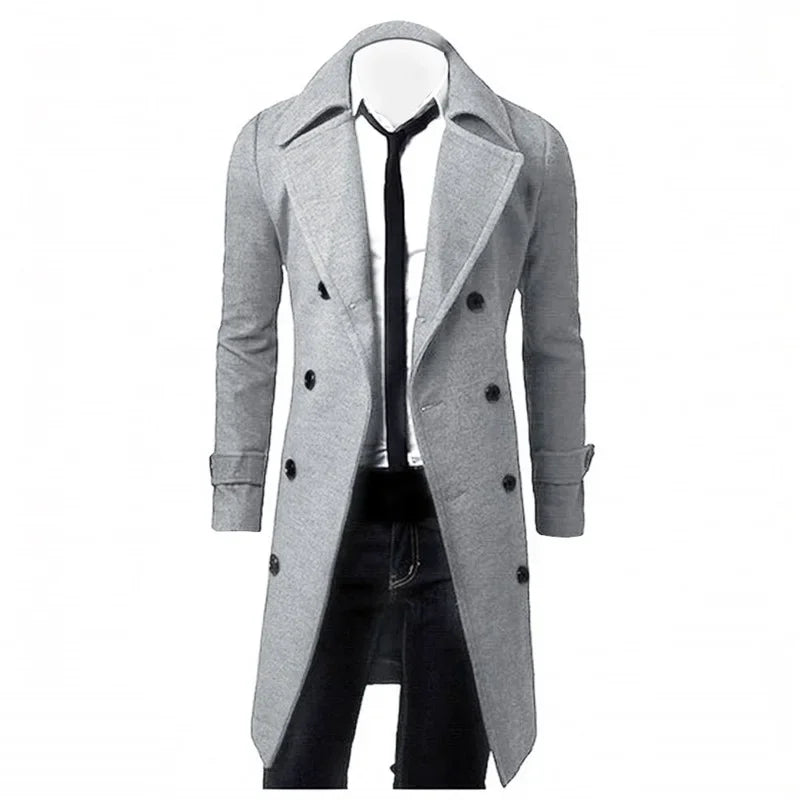 Mens Double Breasted Trench Coat Wool Blend 2024 Autumn Winter Solid Casual Sli