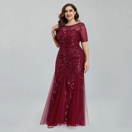 Women Plus Size Sequin Mesh Embroidery Mermaid Evening Dress Formal Short Slee